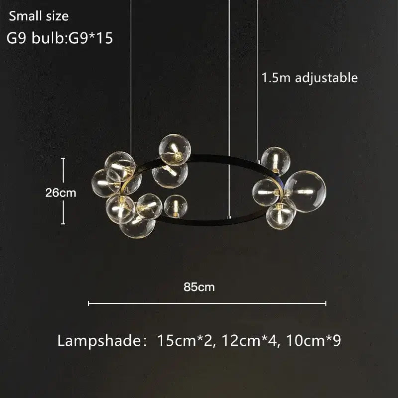 Modern black glass bubble chandelier dining room light with ring