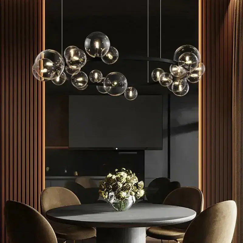 Modern black glass bubble chandelier dining room light with ring