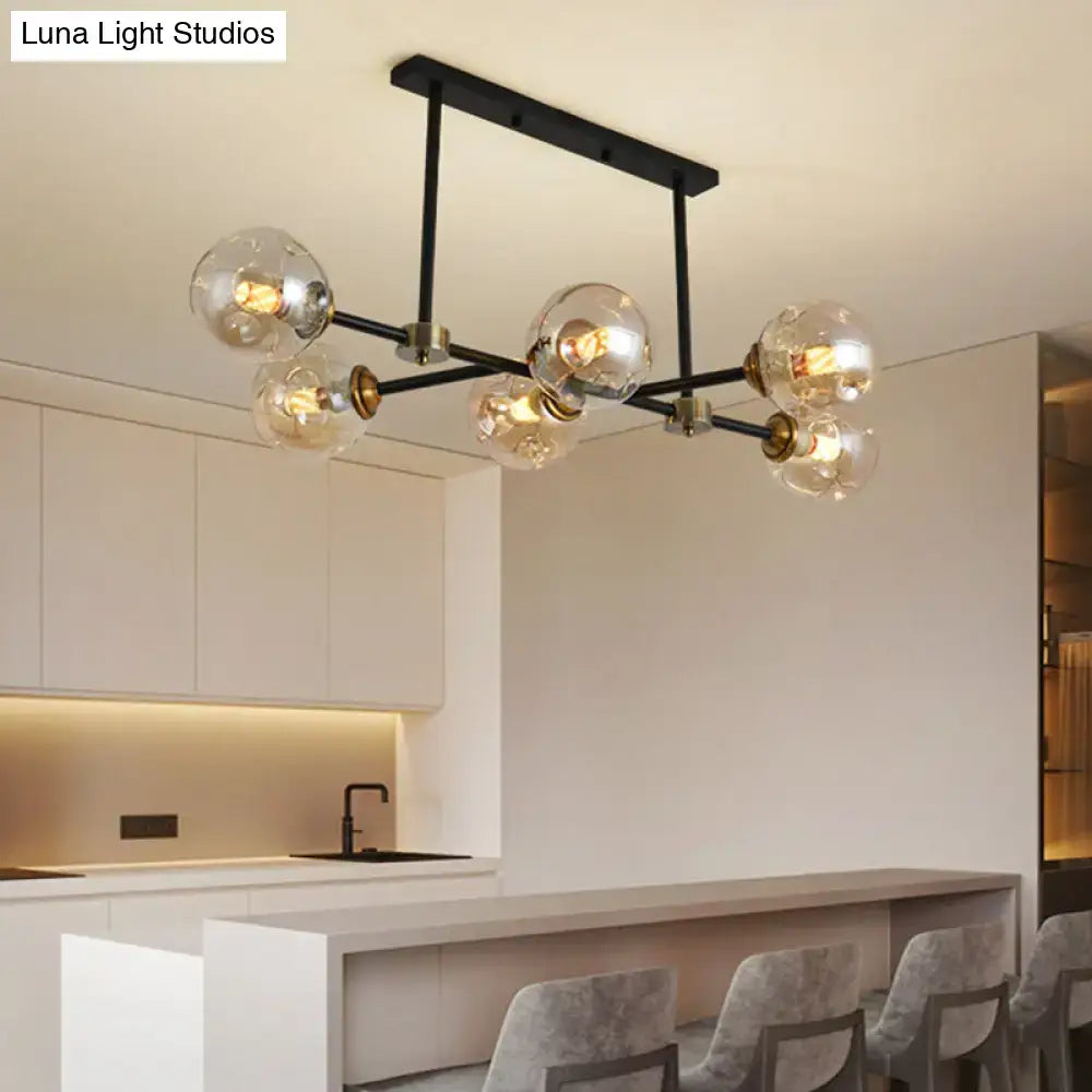 Modern black glass island pendant light with brass dining room 6 light