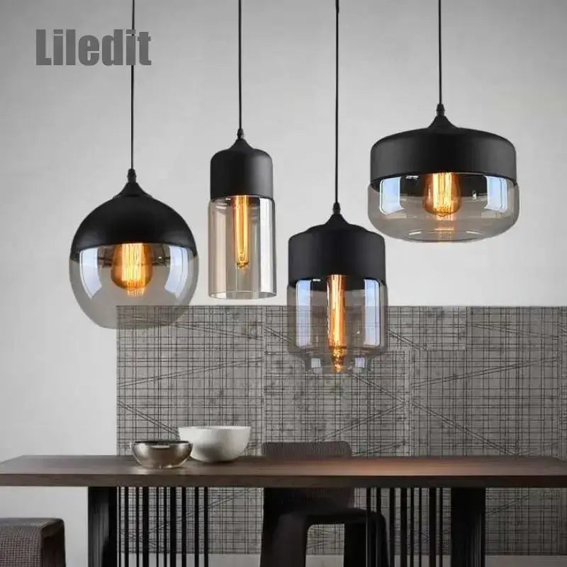 Modern black glass pendant light set dining room smoked shades