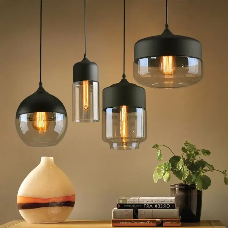 Modern black glass pendant light set dining room smoked shades