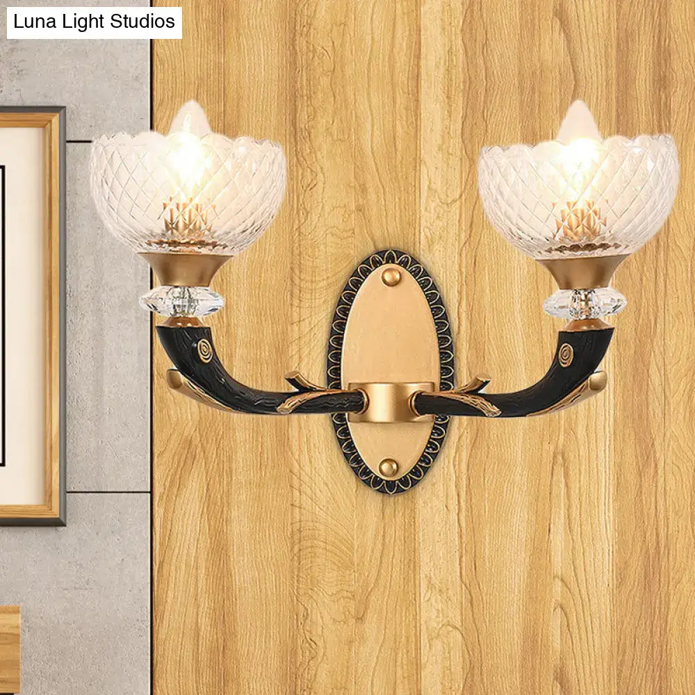 Modern black & gold branch sconce bedroom clear prismatic glass shade
