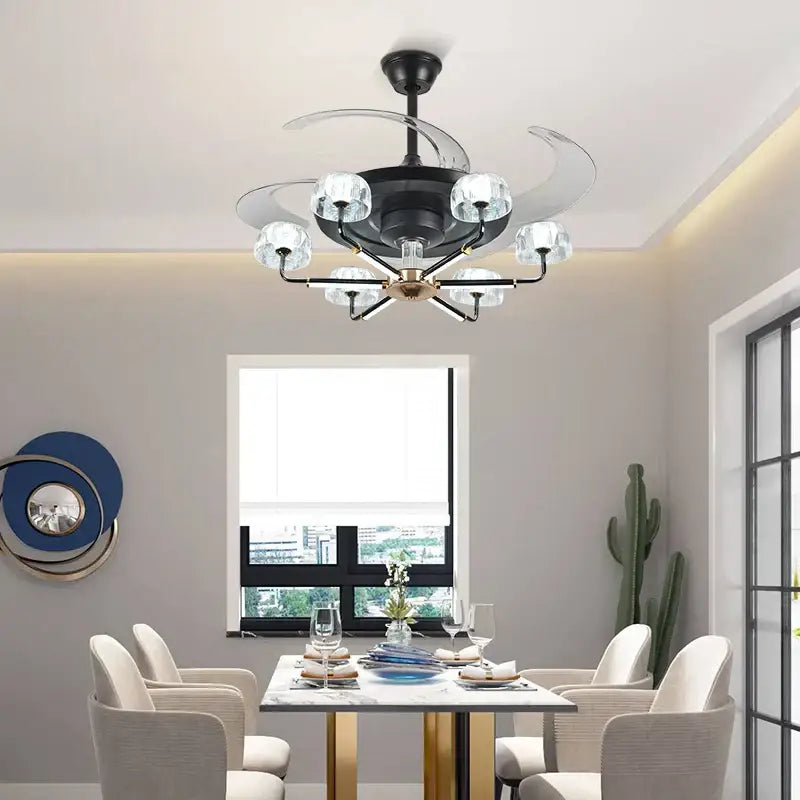 Modern black & gold chandelier ceiling fan with remote bedroom light