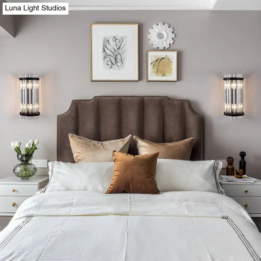 Modern black & gold crystal rod cylinder wall sconce bedroom light