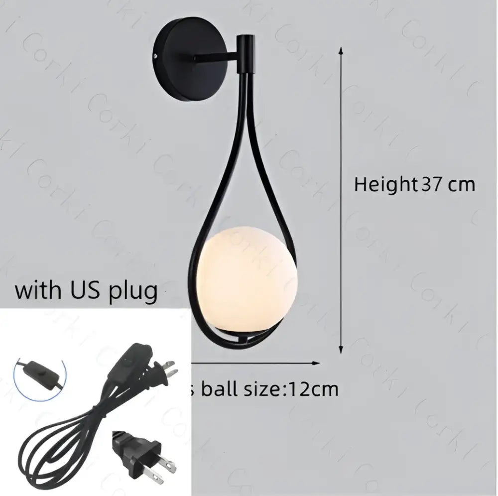 Modern black & gold glass ball led wall lamp bedroom sconce
