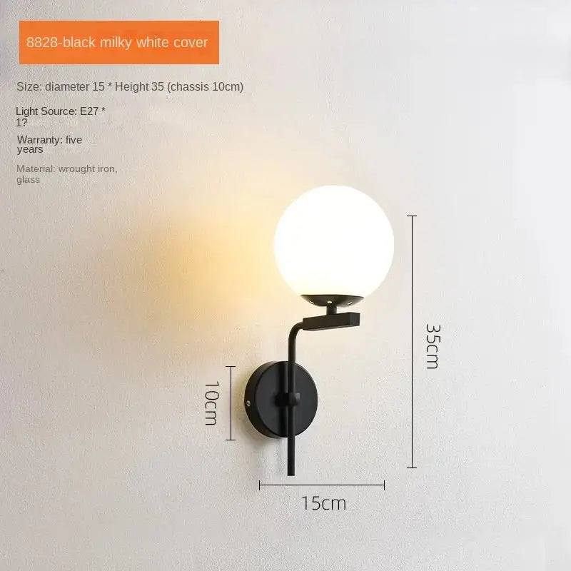Modern black & gold glass ball led wall lamp bedroom sconce