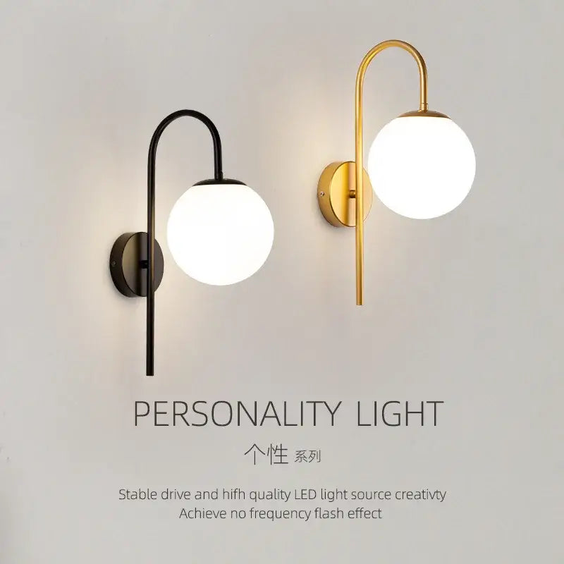 Modern black & gold glass ball led wall light bedroom sconce