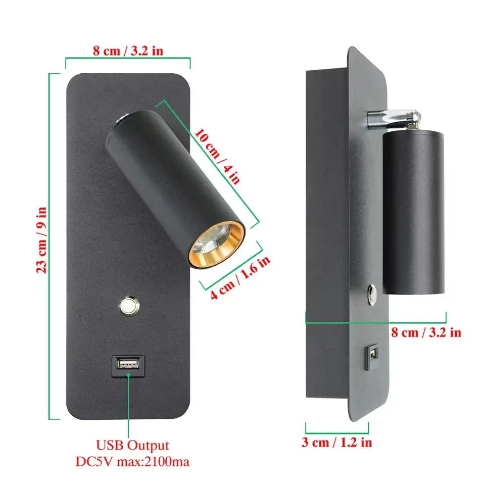 Modern black & gold led wall lights bedroom usb charging port