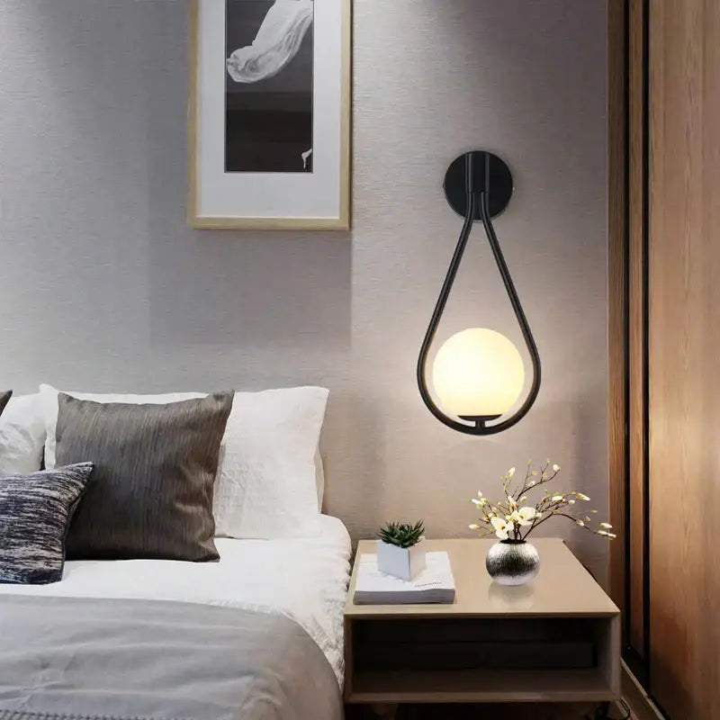 Modern black & gold teardrop led wall sconce bedroom glass globe light