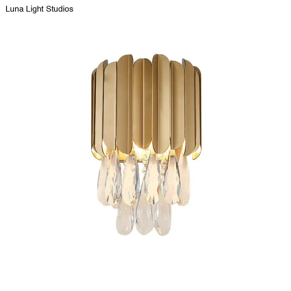 Modern black & gold wall lamp with clear crystal teardrop bedroom sconce