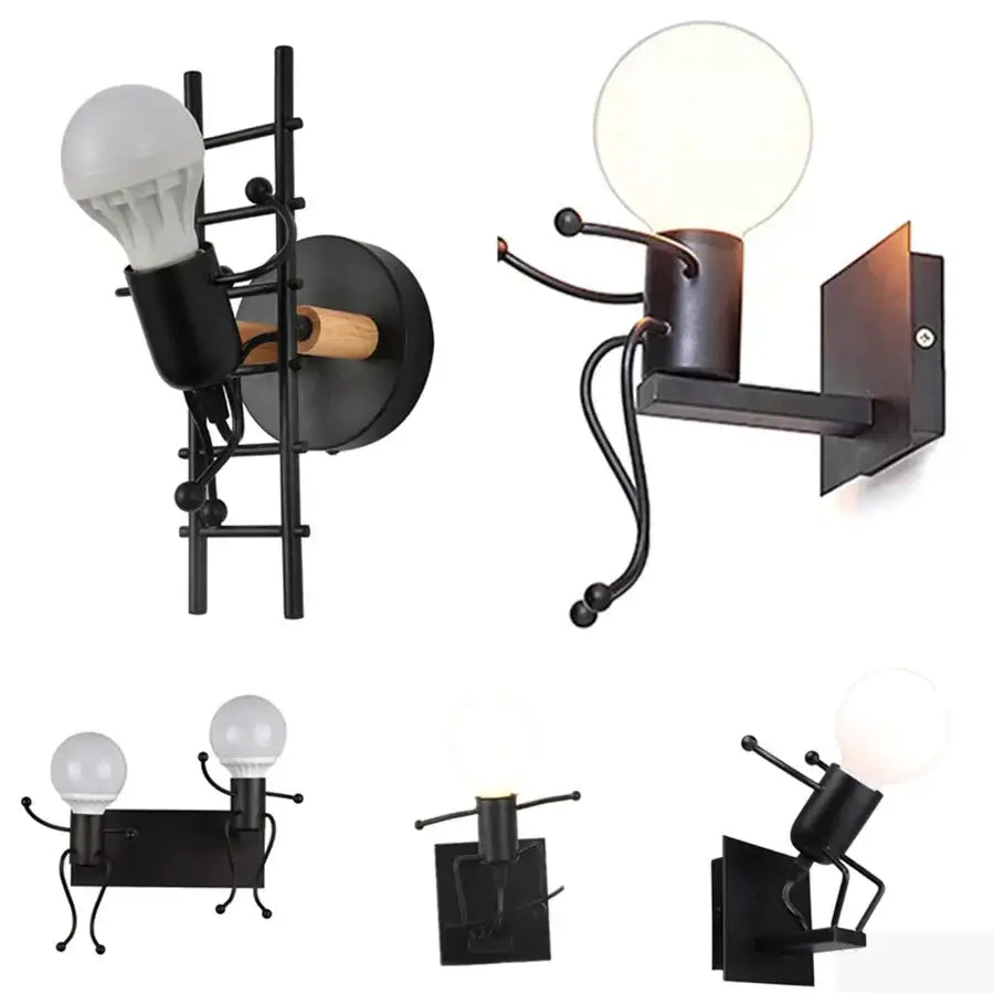 Modern black iron cartoon doll wall sconce kids bedroom ladder light
