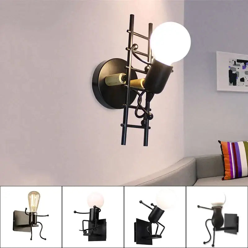 Modern black iron cartoon doll wall sconce kids bedroom ladder light