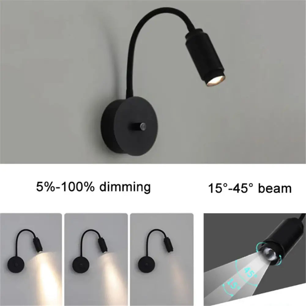 Modern black knob switch led gooseneck reading lamp bedroom wall light