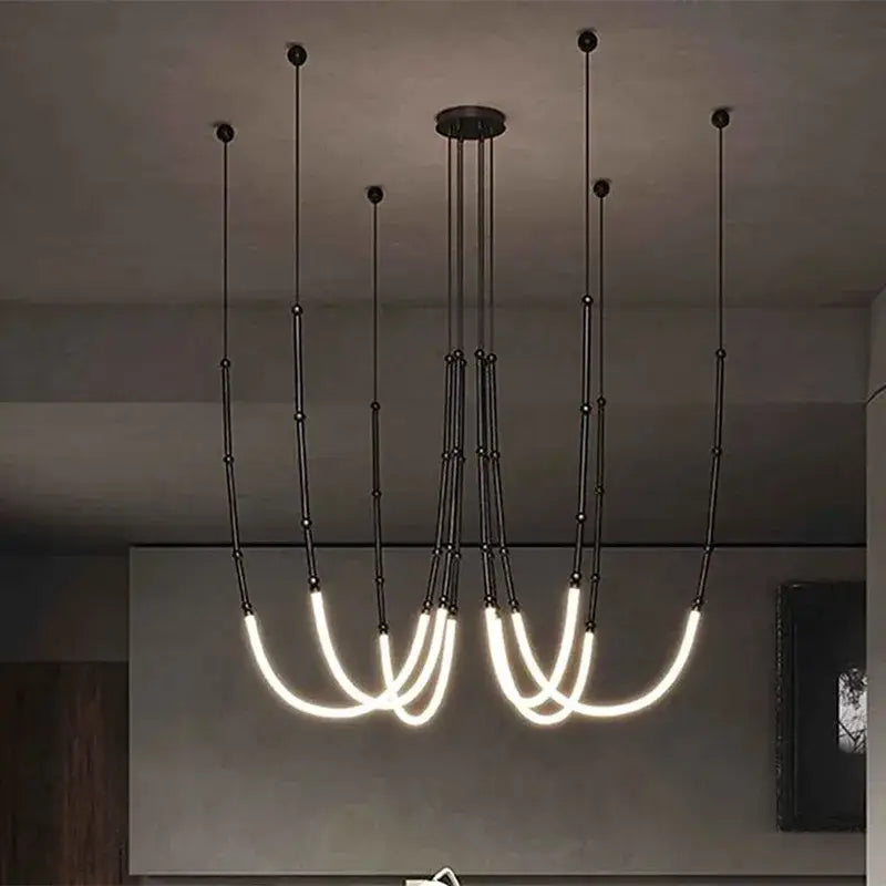 Modern black line chandelier dining room led light strands