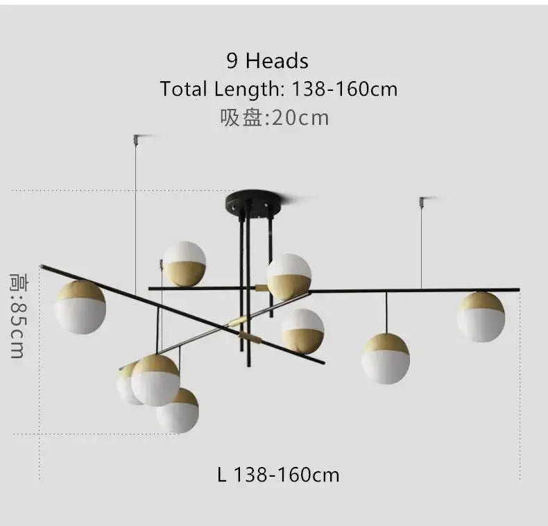 Modern black linear chandelier with glass ball shades for kitchen