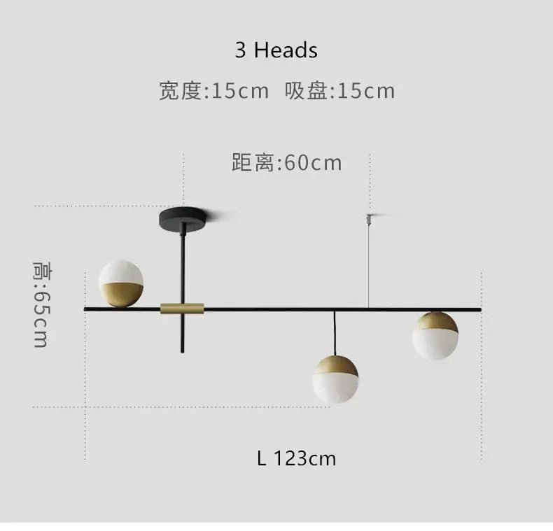Modern black linear chandelier with glass ball shades for kitchen