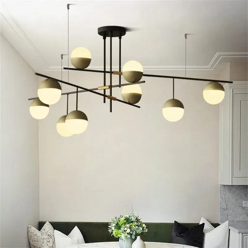 Modern black linear chandelier with glass ball shades for kitchen
