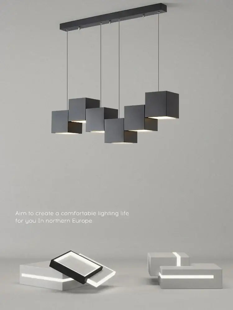 Modern black matte cube pendant lights geometric dining room
