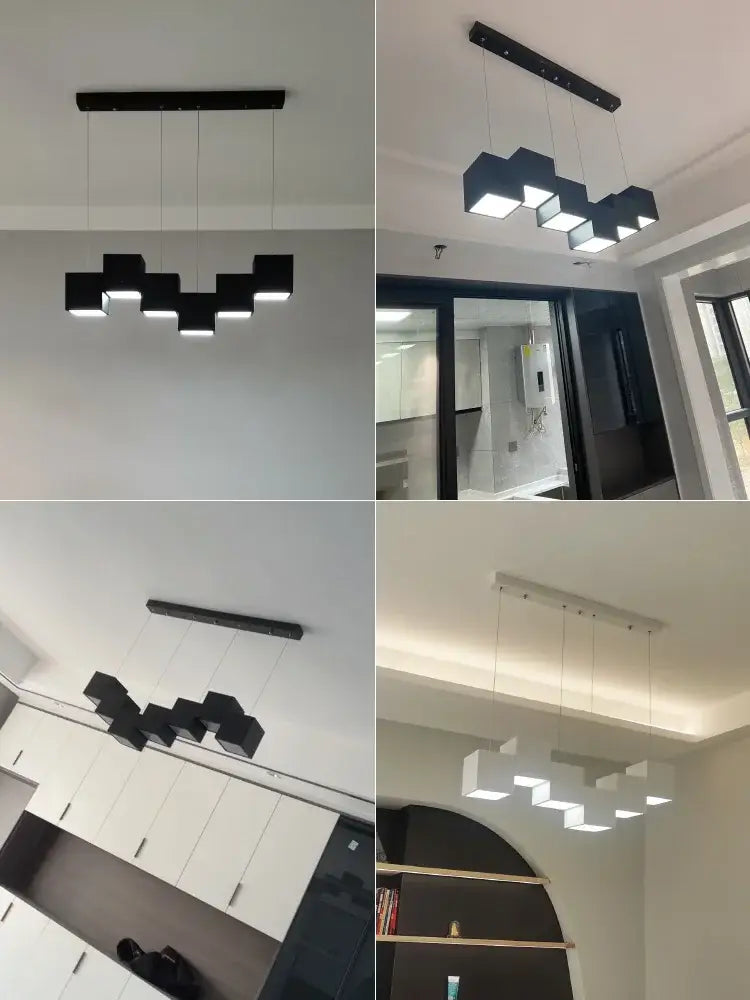 Modern black matte cube pendant lights geometric dining room