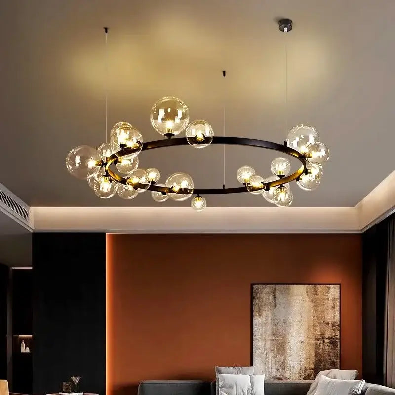 Modern black metal glass ball pendant chandelier dining room