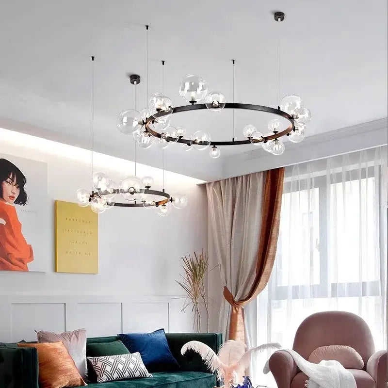 Modern black metal glass ball pendant chandelier dining room
