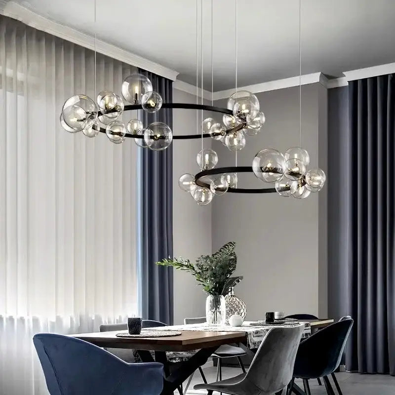 Modern black metal glass ball pendant chandelier dining room