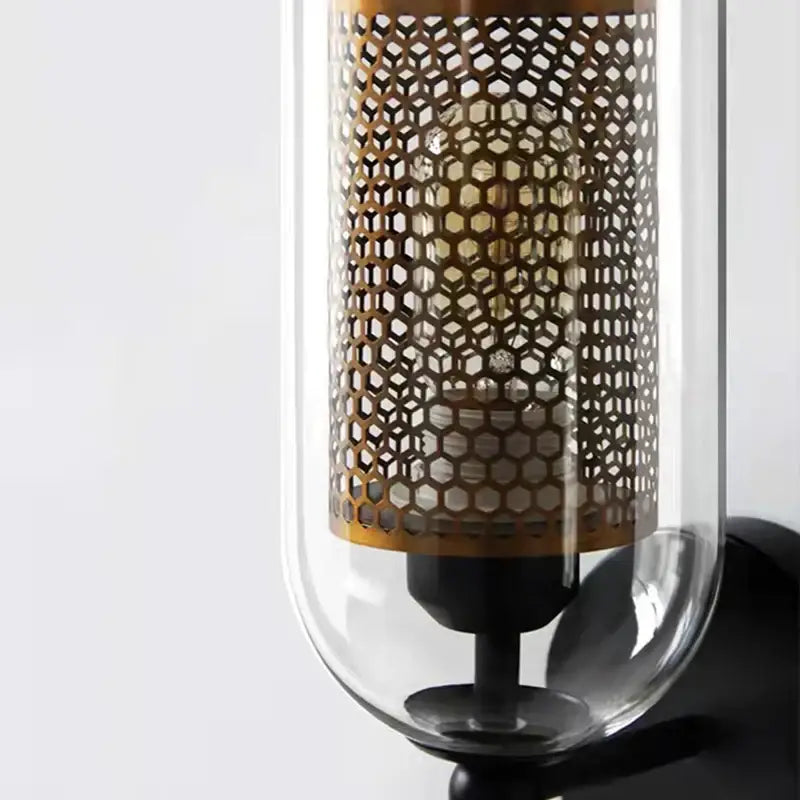 Modern black metal wall light with clear glass – bedroom sconce