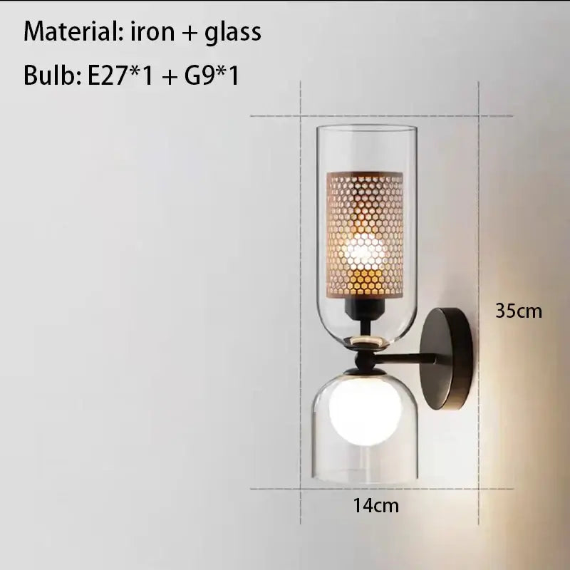 Modern black metal wall light with clear glass – bedroom sconce