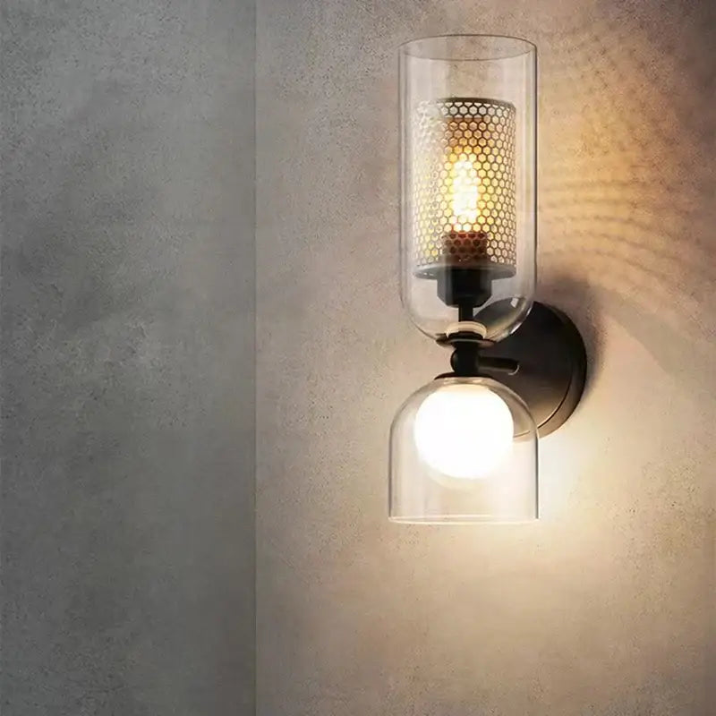 Modern black metal wall light with clear glass – bedroom sconce