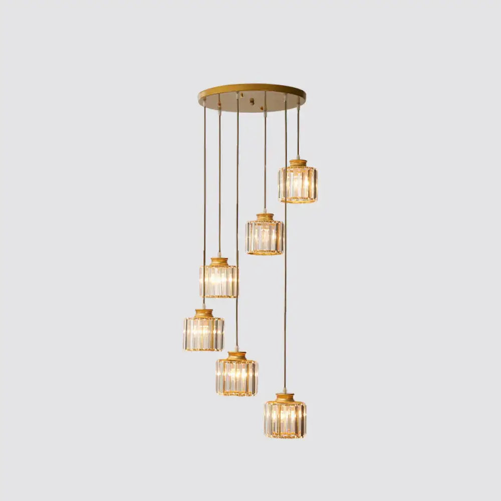 Modern black prismatic crystal cylindrical chandelier stairway light