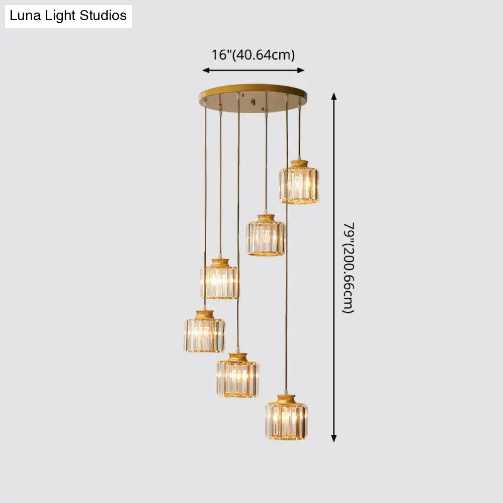 Modern black prismatic crystal cylindrical chandelier stairway light