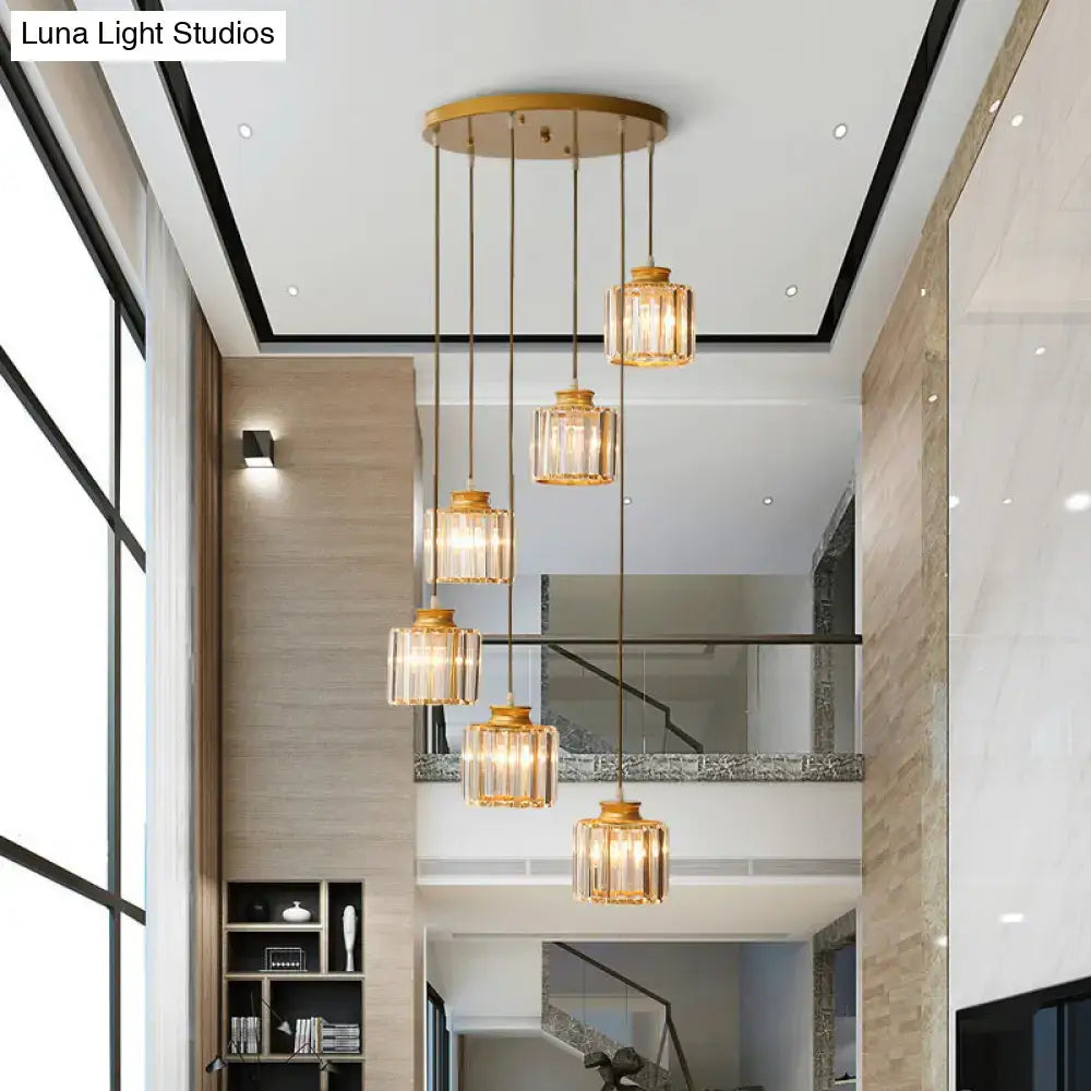 Modern black prismatic crystal cylindrical chandelier stairway light