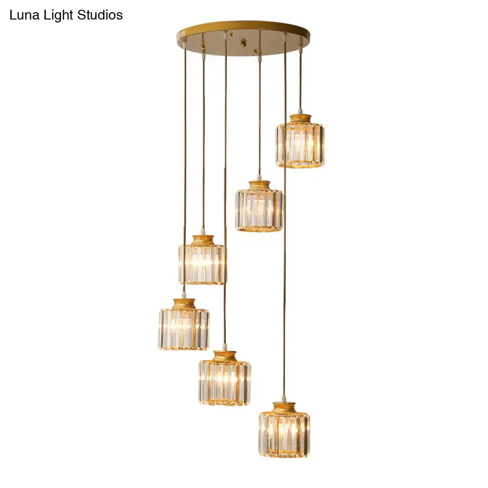 Modern black prismatic crystal cylindrical chandelier stairway light