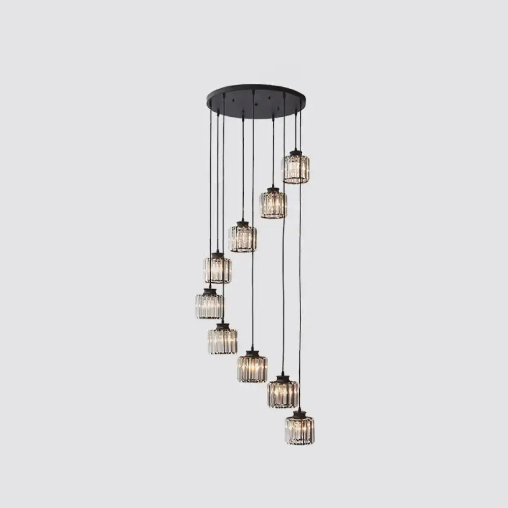 Modern black prismatic crystal cylindrical chandelier stairway light