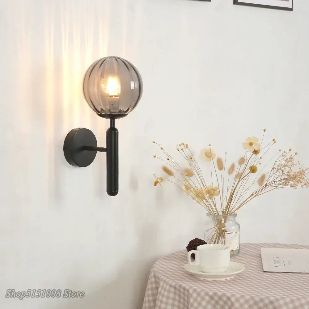 Modern black smoked glass ball led wall lamp bedroom sconce