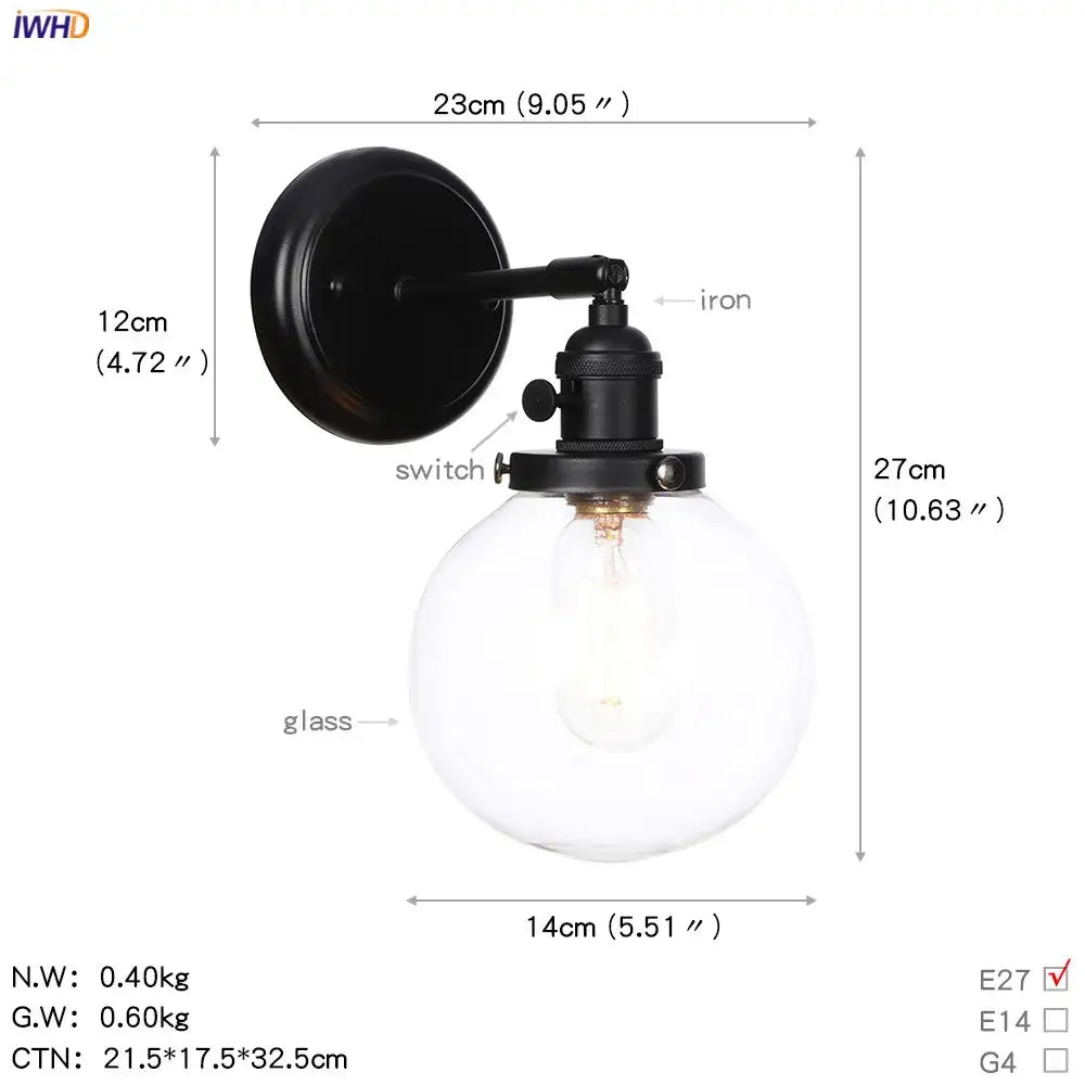Modern black smoked glass ball wall sconce hallway light