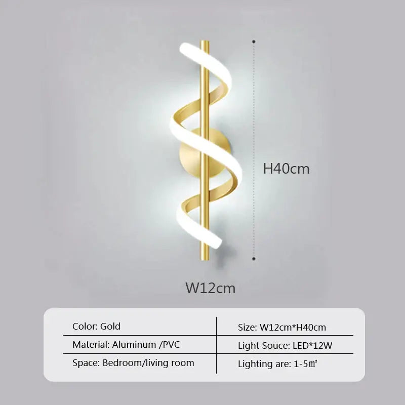 Modern black spiral led wall lamp for bedroom