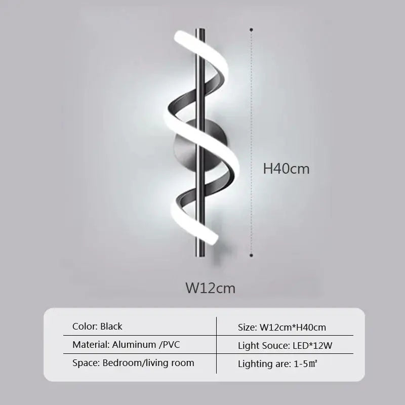 Modern black spiral led wall lamp for bedroom