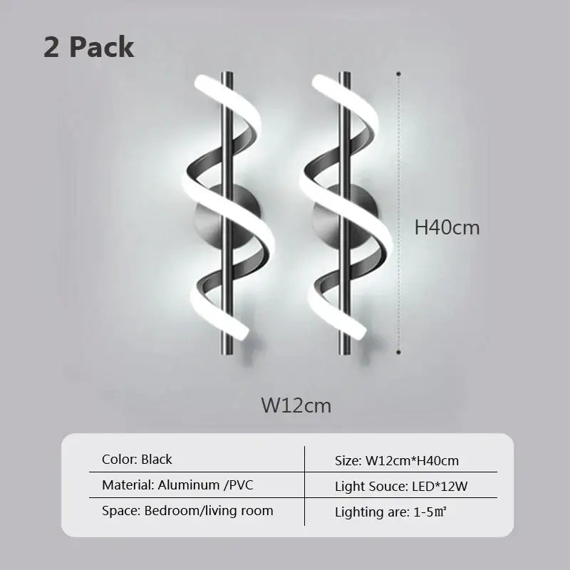 Modern black spiral led wall lamp for bedroom