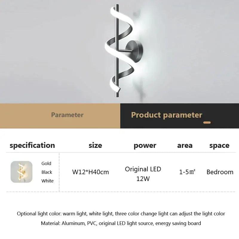 Modern black spiral led wall lamp for bedroom