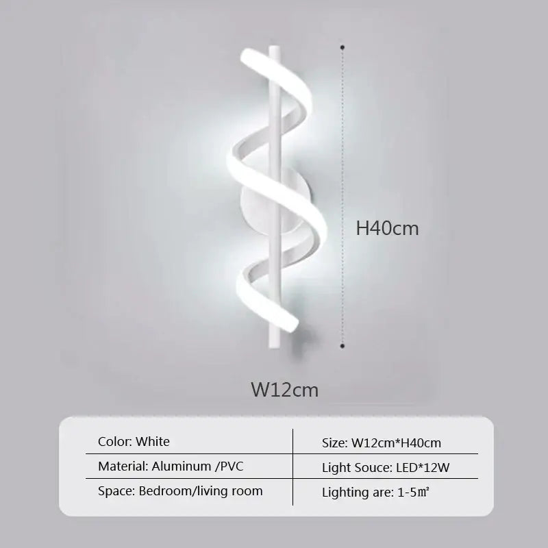 Modern black spiral led wall lamp for bedroom