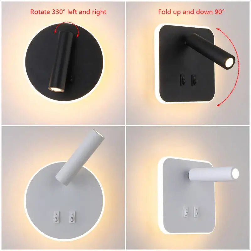 Modern black square led wall lamp bedroom reading light