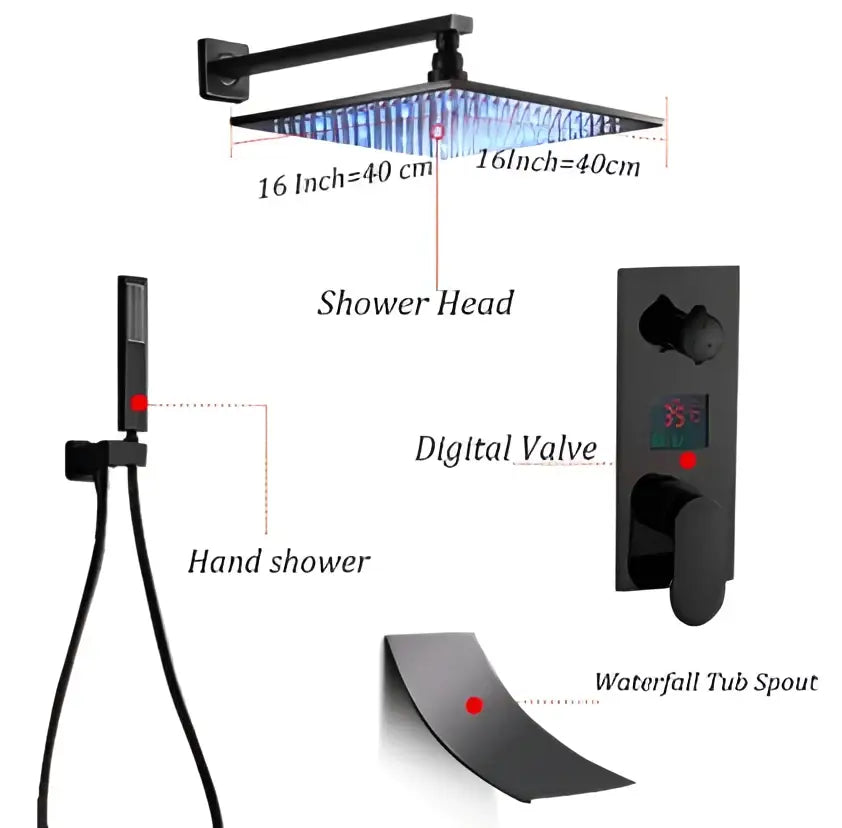 Modern black square shower faucet set bathroom led rainfall head
