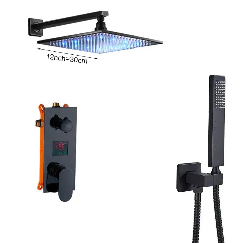 Modern black square shower faucet set bathroom led rainfall head