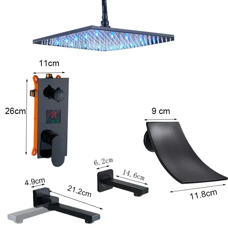 Modern black square shower faucet set bathroom led rainfall head