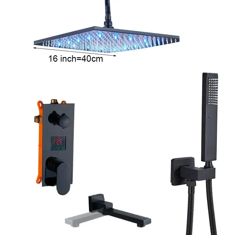 Modern black square shower faucet set bathroom led rainfall head