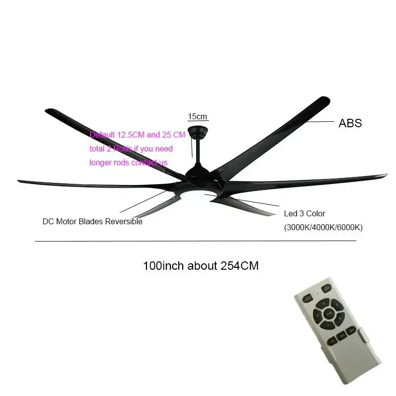 Modern black stainless steel large ceiling fan living room light