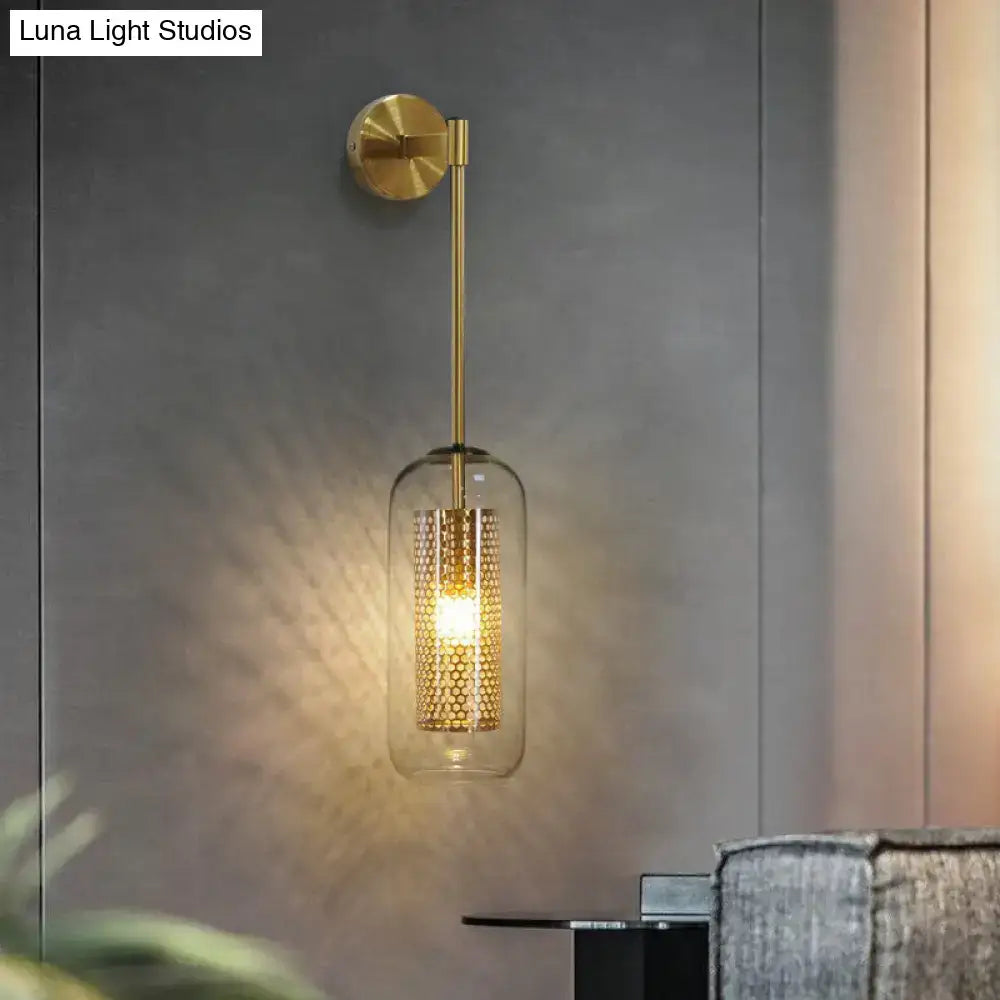 Modern black wall sconce with clear glass and wire mesh stairway light