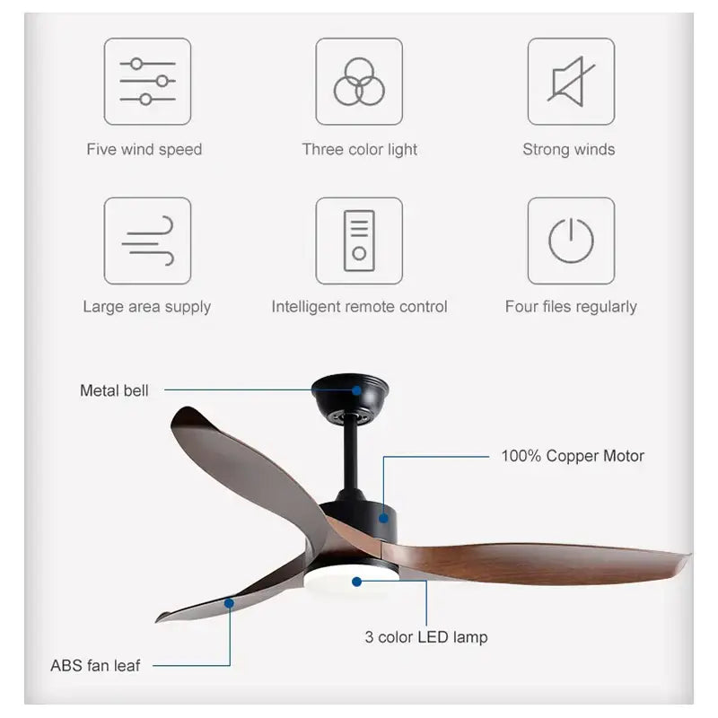 Modern black walnut grain ceiling fan with led light bedroom fan