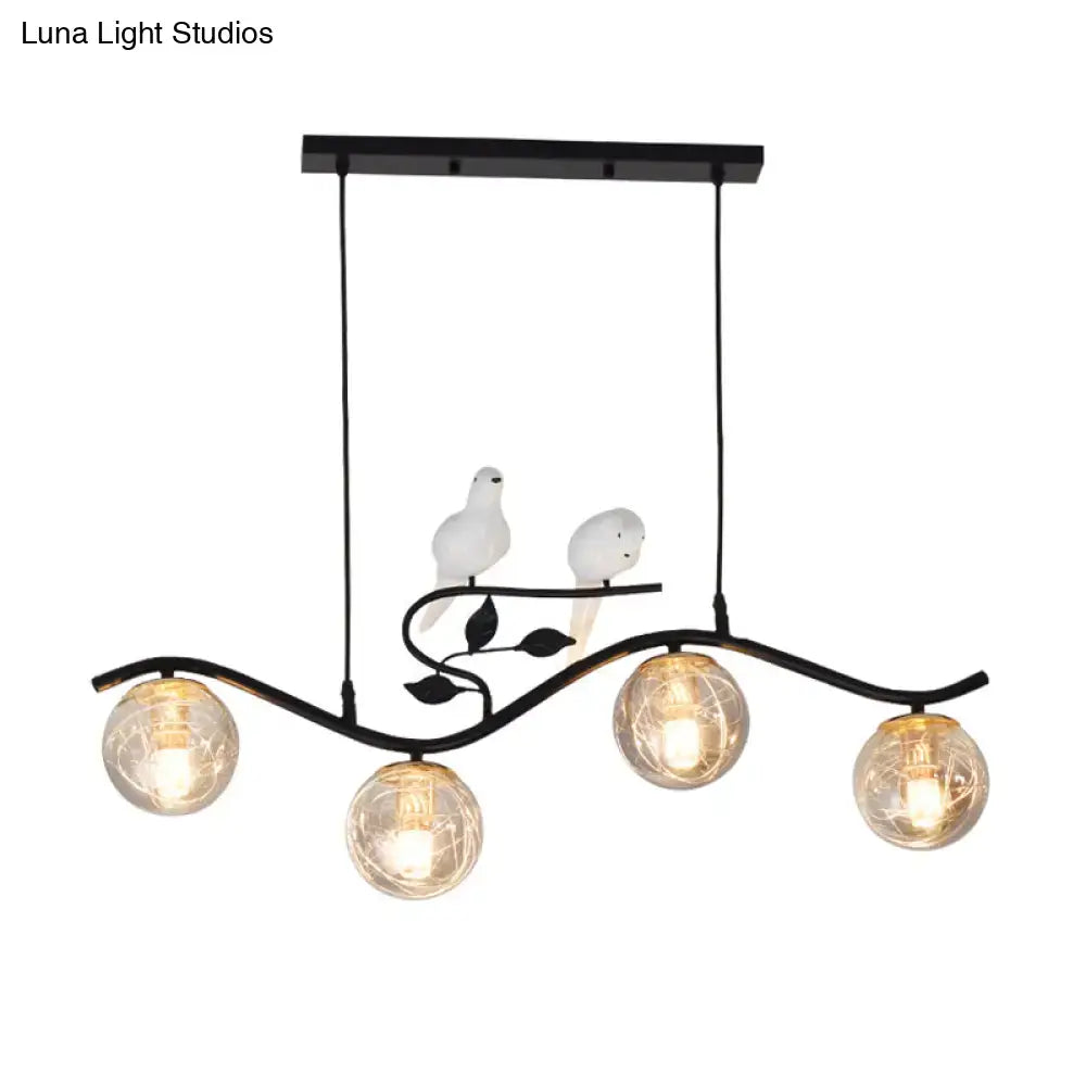 Modern black wavy branch 4-light dining room hanging lamp bird deco